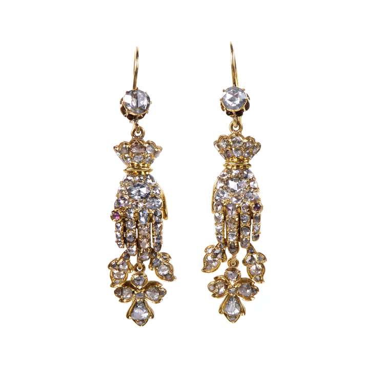 Pair of rose cut diamond hand and flower pendant earrings